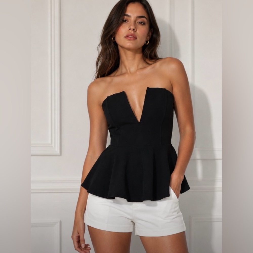 E.SSUE Black Deep V Peplum Top Size Large